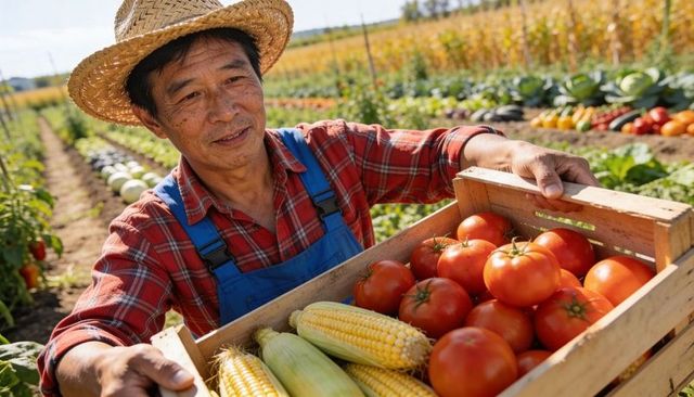 Farmer holding crate of ripe tomatoes and corn in sunlit vegetable field