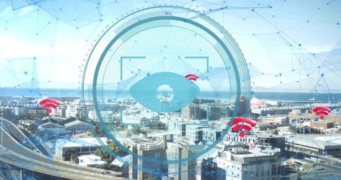 Digital overlay and connectivity concept in coastal urban landscape