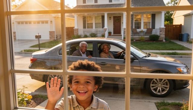 Grandparents driving up waving and smiling at grandson through window during golden hour