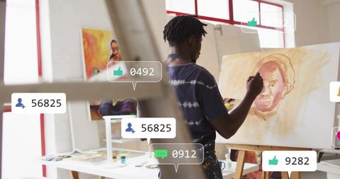 Artist painting portrait in sunlit studio with social media engagement overlays