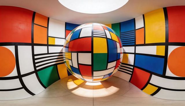 Hovering glossy sphere echoing primary-color grid mural, skylight rings on pale floor