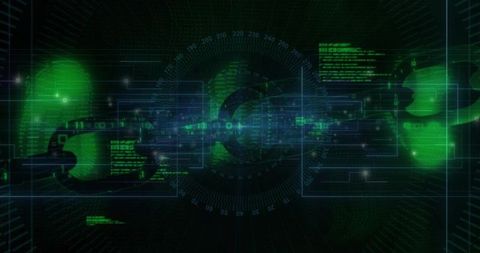 Futuristic blockchain cube with data streams and binary code