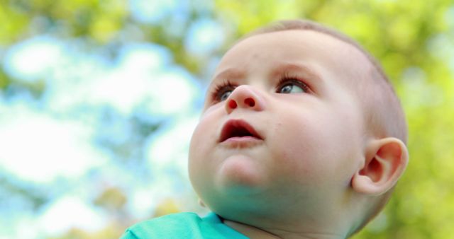 A baby is gazing upwards with a curious expression. The child is wearing a green shirt, with a background of trees and sunlight. This image is ideal for parenting blogs, early childhood education materials, or advertising products for young children.