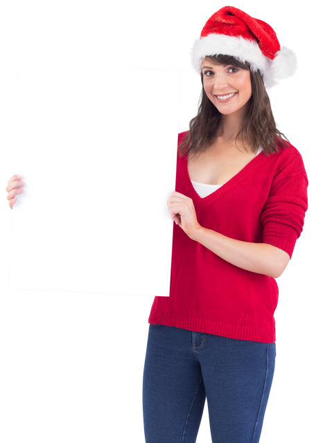 Smiling Woman in Santa Hat Holding Blank Poster Isolated Transparent Background - Download Free Stock Videos Pikwizard.com