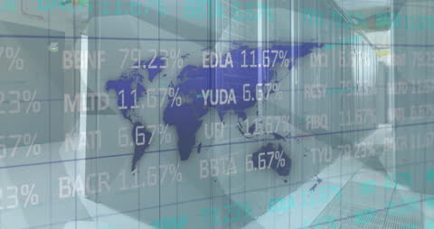 Global Stock Market Data Animation over Server Room