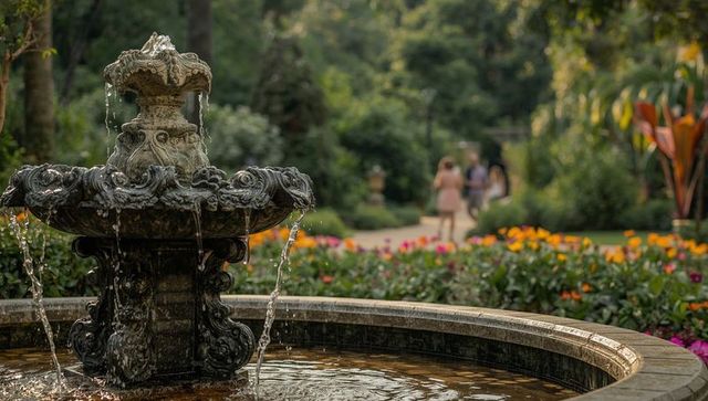 Ornate fountain elegance among colorful botanical blooms
