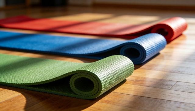 Colorful rolled yoga mats resting on sunlit hardwood floor creating calm studio mood
