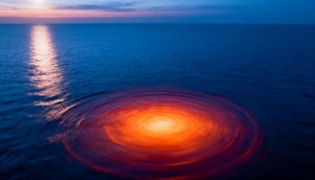 Glowing orange vortex on calm blue sea at dusk with vertical sun reflection