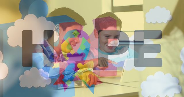 Image of colorful puzzle, clouds and hope over happy caucasian boys using tablet. Education, learning and autism awareness concept digitally generated image.