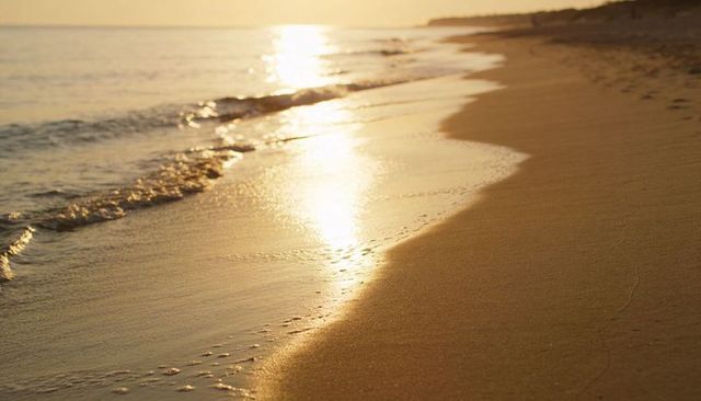Sunlit shoreline reflecting low sun on wet sand, curved beach at dusk with calm horizon glow