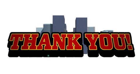 Bold thank you text against modern cityscape