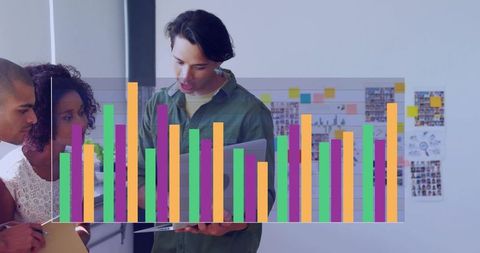 Team presenting data analytics on laptop with colorful bar chart overlay during brainstorming
