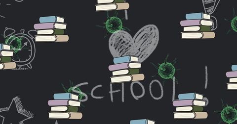 Seamless Pattern of Books and Viruses on Chalkboard