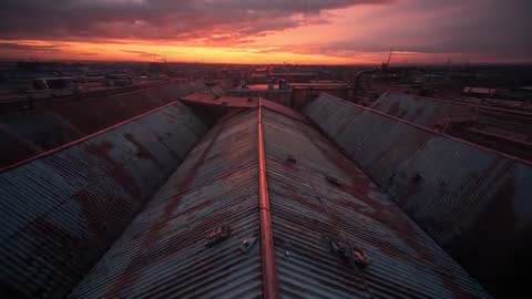 Drone Soaring Over Industrial Rooftop at Dusk