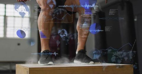 Athlete landing on plyo box with chalk dust and digital overlays for jump training