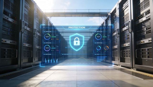 Holographic Cybersecurity Dashboard Projecting Over Data Center Aisle