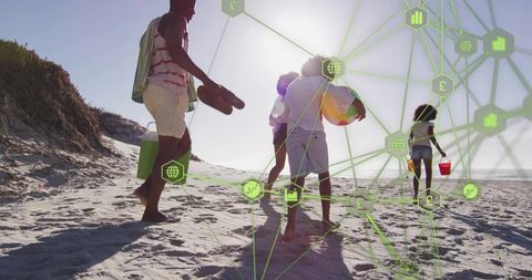 Family walking on sunlit beach with green digital network overlay and hexagon icons