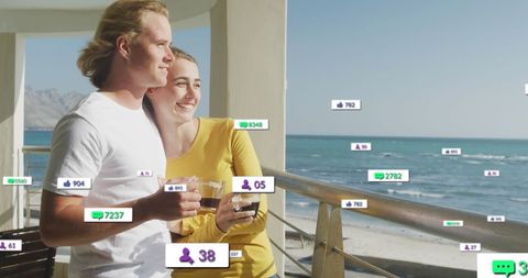 Couple Enjoying Coffee with Social Media Icons Overlay