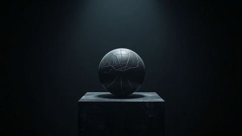 Illuminated Cracked Stone Sphere on Pedestal with Dramatic Spotlight