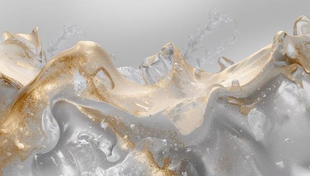 Cascading liquid metallic wave with gold flecks and translucent droplets abstract background