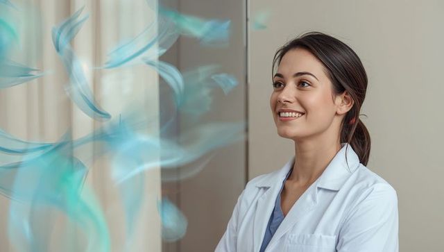 Smiling female doctor looking left in lab coat and blue scrubs with teal overlay