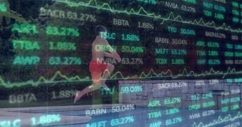 Boy jumping into pool with stock market overlay