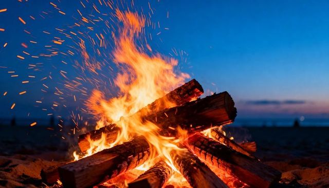 Sparks flying from bonfire on beach at twilight with stacked logs and glowing embers
