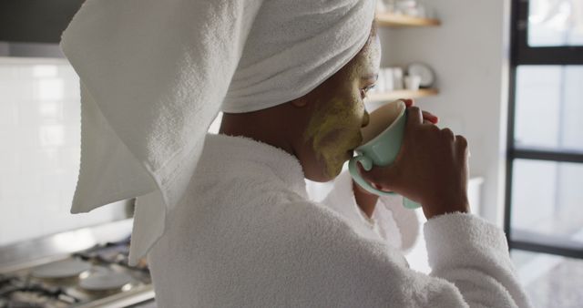 Woman Relaxing with Face Mask and Beverage in Morning Routine - Download Free Stock Images Pikwizard.com