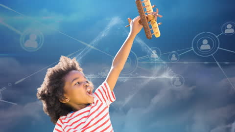 Joyful Child with Toy Plane Against Digital Connection Background