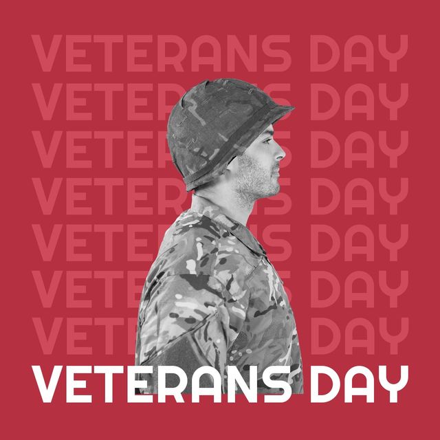 Composite of male caucasian solider in uniform and veterans day text over pink background. Armistice day, military, armed forces, honor, patriotism and celebration concept.