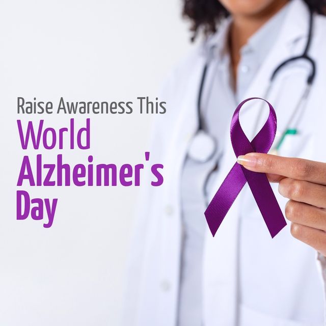 Composite of caucasian doctor with purple ribbon and raise awareness this world alzheimer's day text. midsection, copy space, medical, support, disease, healthcare, awareness and campaign concept.