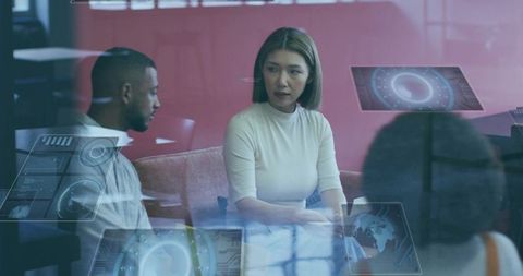Professionals Collaborating in Futuristic Office Lounge