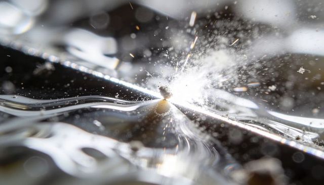 Macro of pellet impact creating radiating cracks and sparkling shards on tempered glass