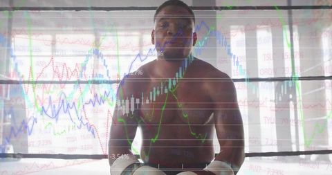 Boxer training with financial chart overlay conveying strength, focus, resilience in gym
