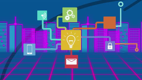 Futuristic Tech Icons Linked to City Skyscape and Grid