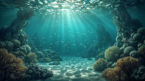 Sunlight Streaming on Underwater Reef with Fish