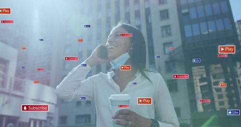 Urban professional woman talking on phone with coffee and ar social media overlays in city