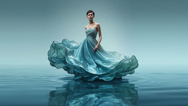 Ethereal model standing on mirrored water wearing flowing teal gown, reflecting silhouette