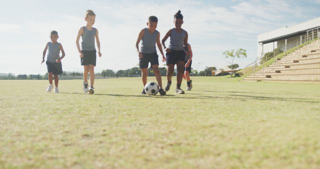 Image of happy diverse boys playing soccer on sports field. primary school education, sport and exercising.