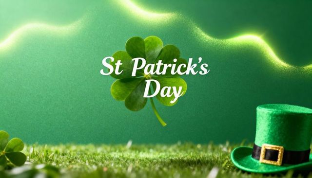 St Patrick's Day Lucky Four-Leaf Clover Floating Over Grass with Green Leprechaun Hat