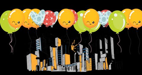 Cheerful Balloons Celebrating Over Colorful Cityscape on Black - Download Free Stock Images Pikwizard.com