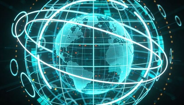 Holographic digital globe with orbiting data rings representing global network