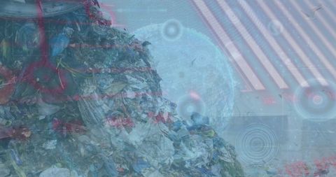 Digital interface overlaying landfill scene symbolizing data pollution