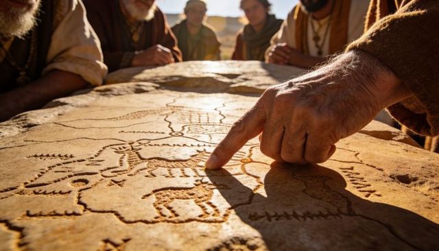 Elder pointing at ancient carved stone slab with desert map and animal engravings
