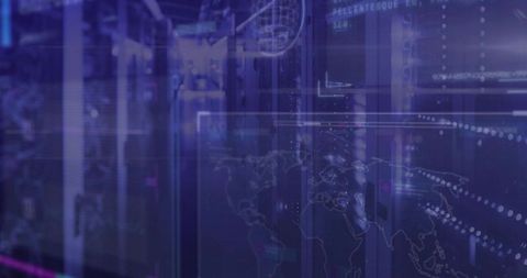 Futuristic Data Center with World Map and Network Connections