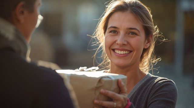 Smiling woman receiving brown-paper parcel while exchanging package on residential street