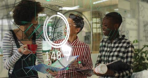 Three women collaborating over tablet with augmented reality HUD in modern coworking space
