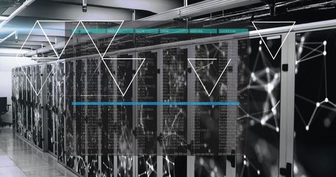 Futuristic data center with digital screen overlay