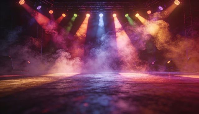 Empty Concert Stage Casting Colorful Spotlights and Atmospheric Haze for Live Performance