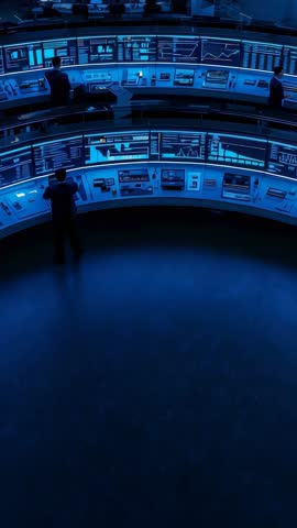 Operators monitoring and updating curved control hub with blue analytics displays — vertical video